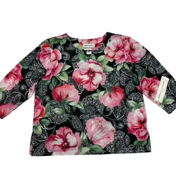 Alfred Dunner NWT Floral Quarter Sleeve  Top Pink/Black/Green/White Size PM - Picture 5 of 10